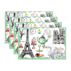 RAY STAR Set of 4 Placemat Elegant Eiffel Tower & Cupcake Design Green