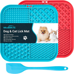 RAY STAR Dog Licking Mat with Powerful Anti-Slip Suction Cups, 2 Pieces Anxiety Relief Lick Pads for Dogs & Cat, Easy to Clean Lick Mat for Dogs (Blue & Red + Scraper)
