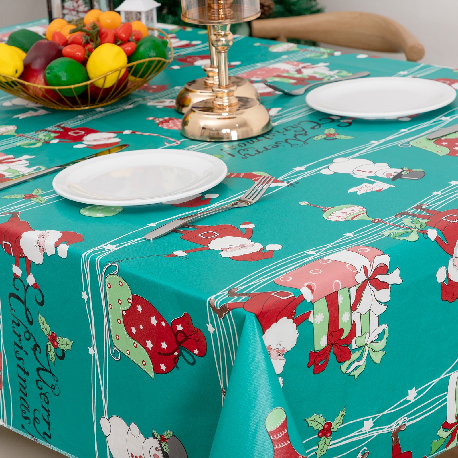Christmas Tablecloth Santa Claus Gifts Vinyl Surface with Flannel Backing Oilcloth Waterproof holiday (Green type)