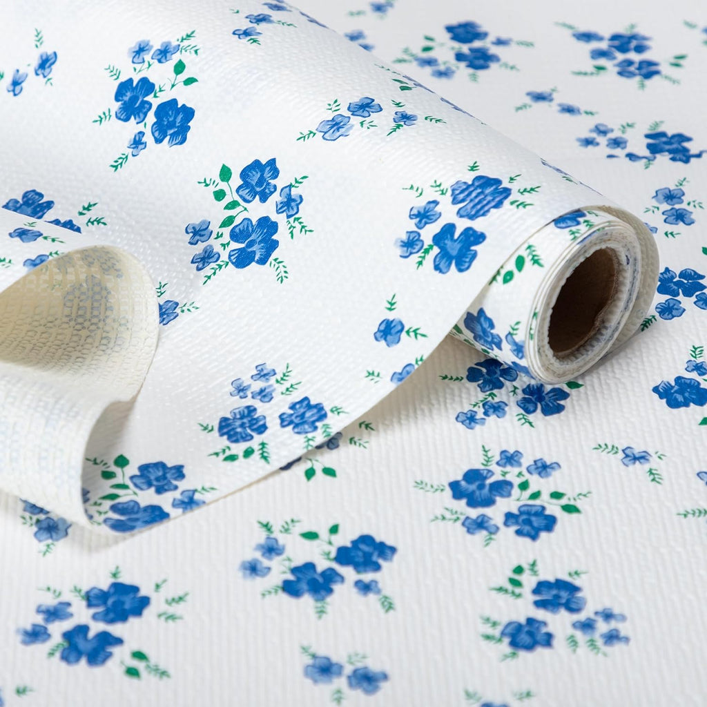 RAY STAR PVC Blue Flora Design Grip Shelf Liner Non Adhesive, Strong Grip Bottom, Easy Clean Kitchen Drawer, Cabinet, Cupboard Dresser Protector Cover, Non Slip