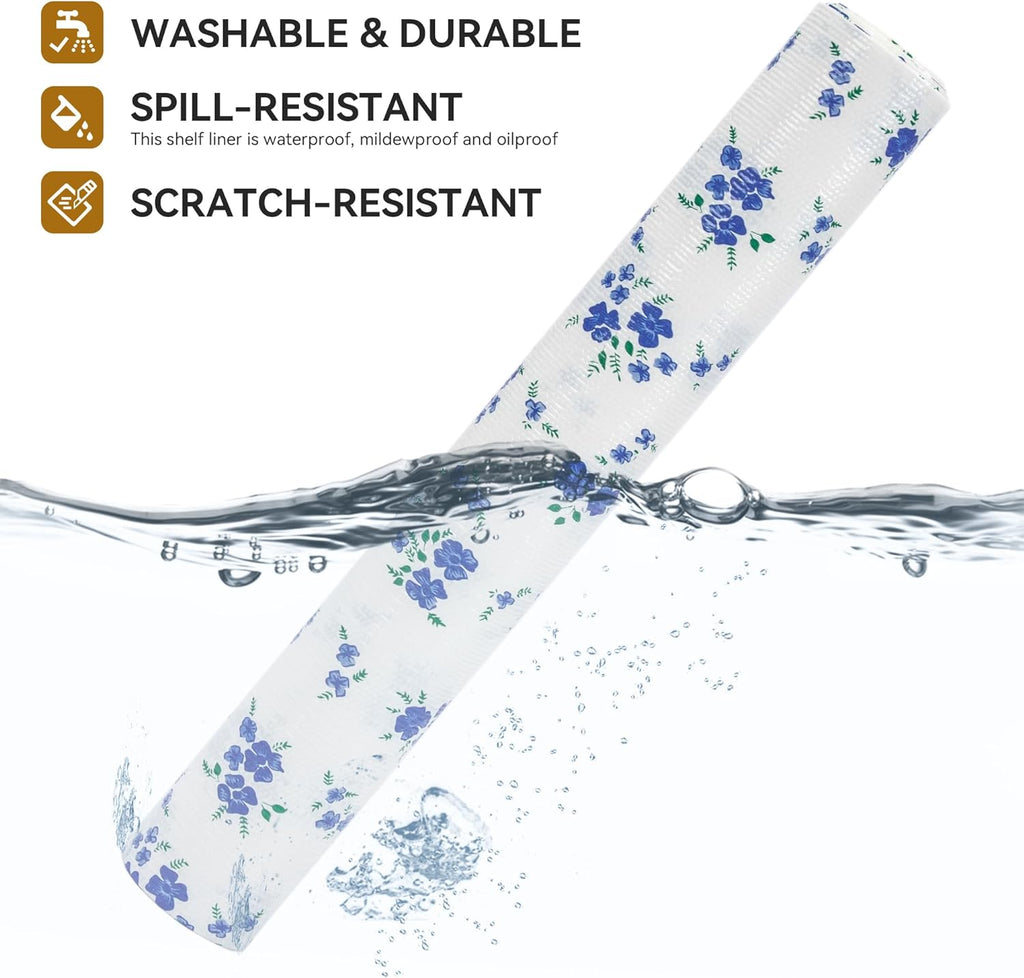 RAY STAR PVC Blue Flora Design Grip Shelf Liner Non Adhesive, Strong Grip Bottom, Easy Clean Kitchen Drawer, Cabinet, Cupboard Dresser Protector Cover, Non Slip