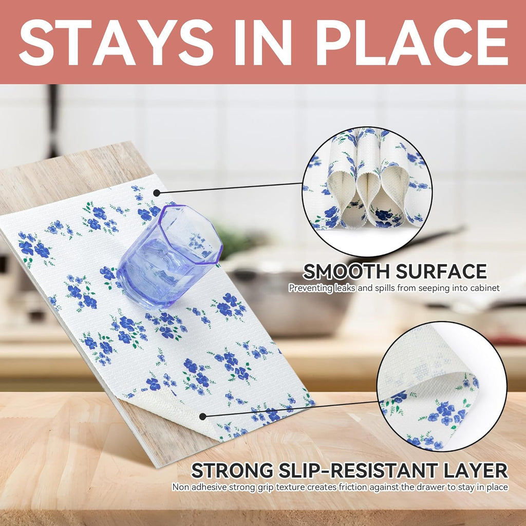 RAY STAR PVC Blue Flora Design Grip Shelf Liner Non Adhesive, Strong Grip Bottom, Easy Clean Kitchen Drawer, Cabinet, Cupboard Dresser Protector Cover, Non Slip