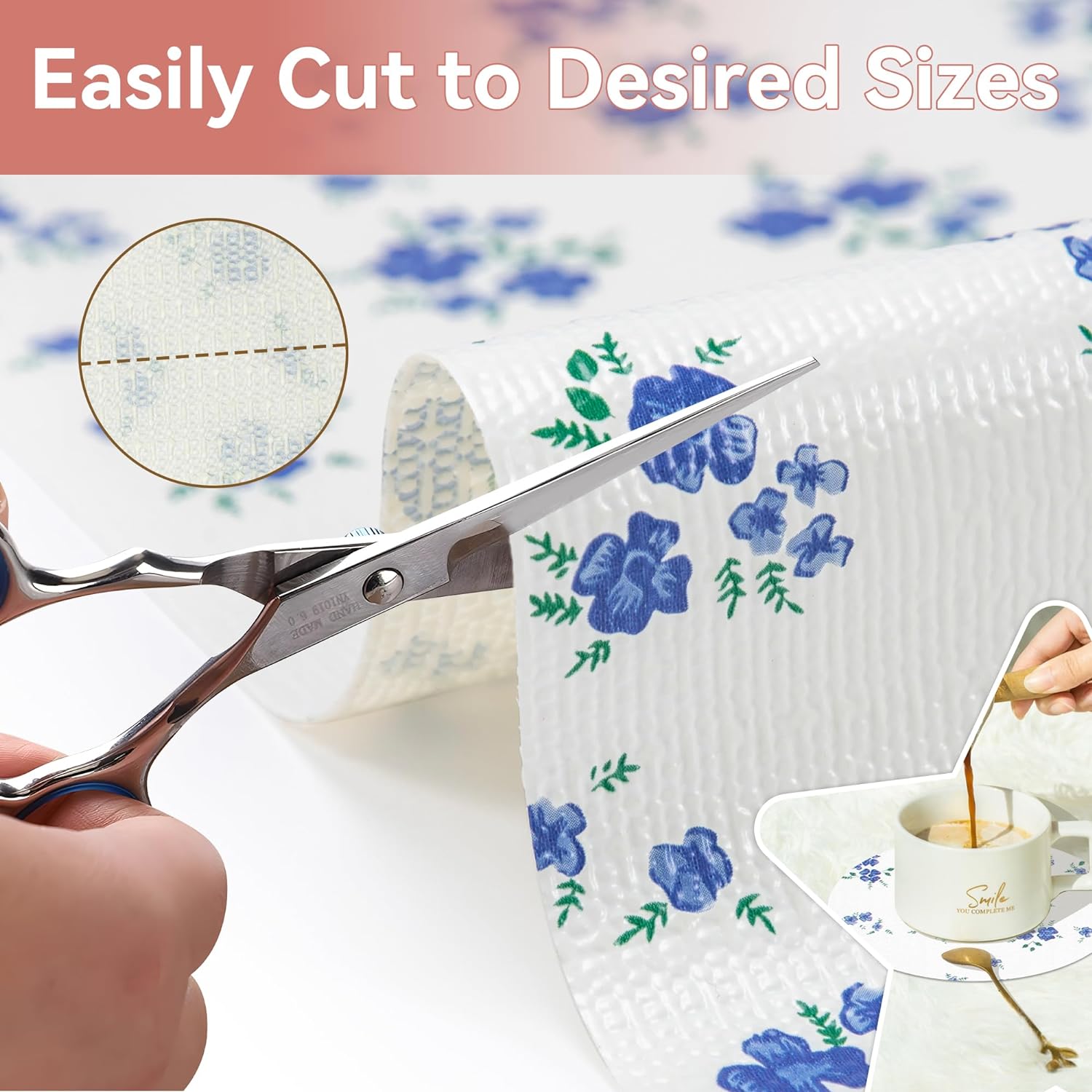 RAY STAR PVC Blue Flora Design Grip Shelf Liner Non Adhesive, Strong Grip Bottom, Easy Clean Kitchen Drawer, Cabinet, Cupboard Dresser Protector Cover, Non Slip