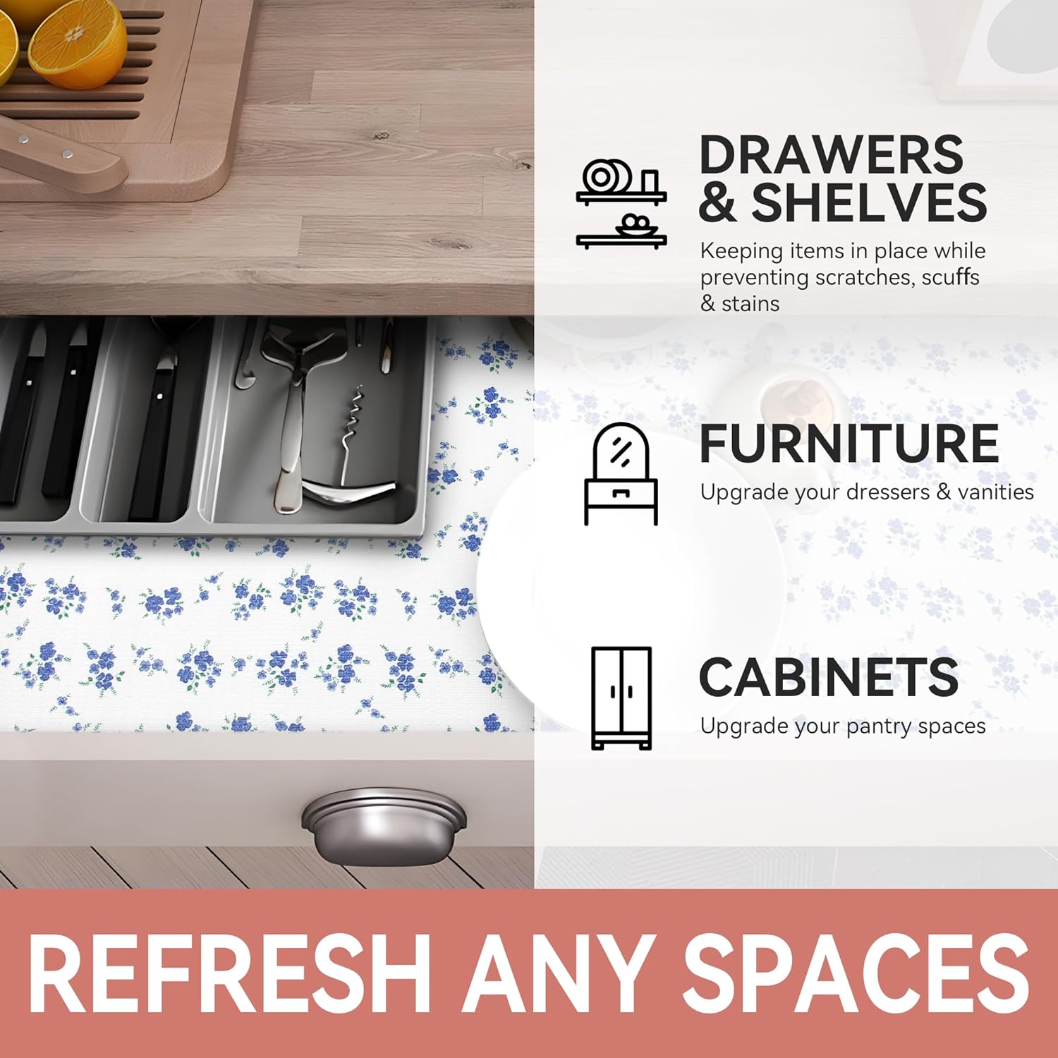 RAY STAR PVC Blue Flora Design Grip Shelf Liner Non Adhesive, Strong Grip Bottom, Easy Clean Kitchen Drawer, Cabinet, Cupboard Dresser Protector Cover, Non Slip