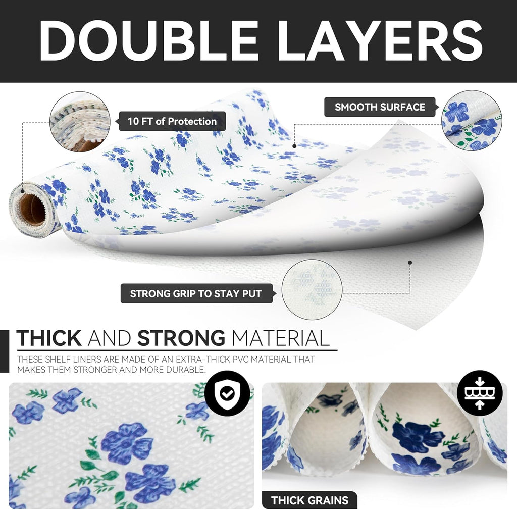 RAY STAR PVC Blue Flora Design Grip Shelf Liner Non Adhesive, Strong Grip Bottom, Easy Clean Kitchen Drawer, Cabinet, Cupboard Dresser Protector Cover, Non Slip