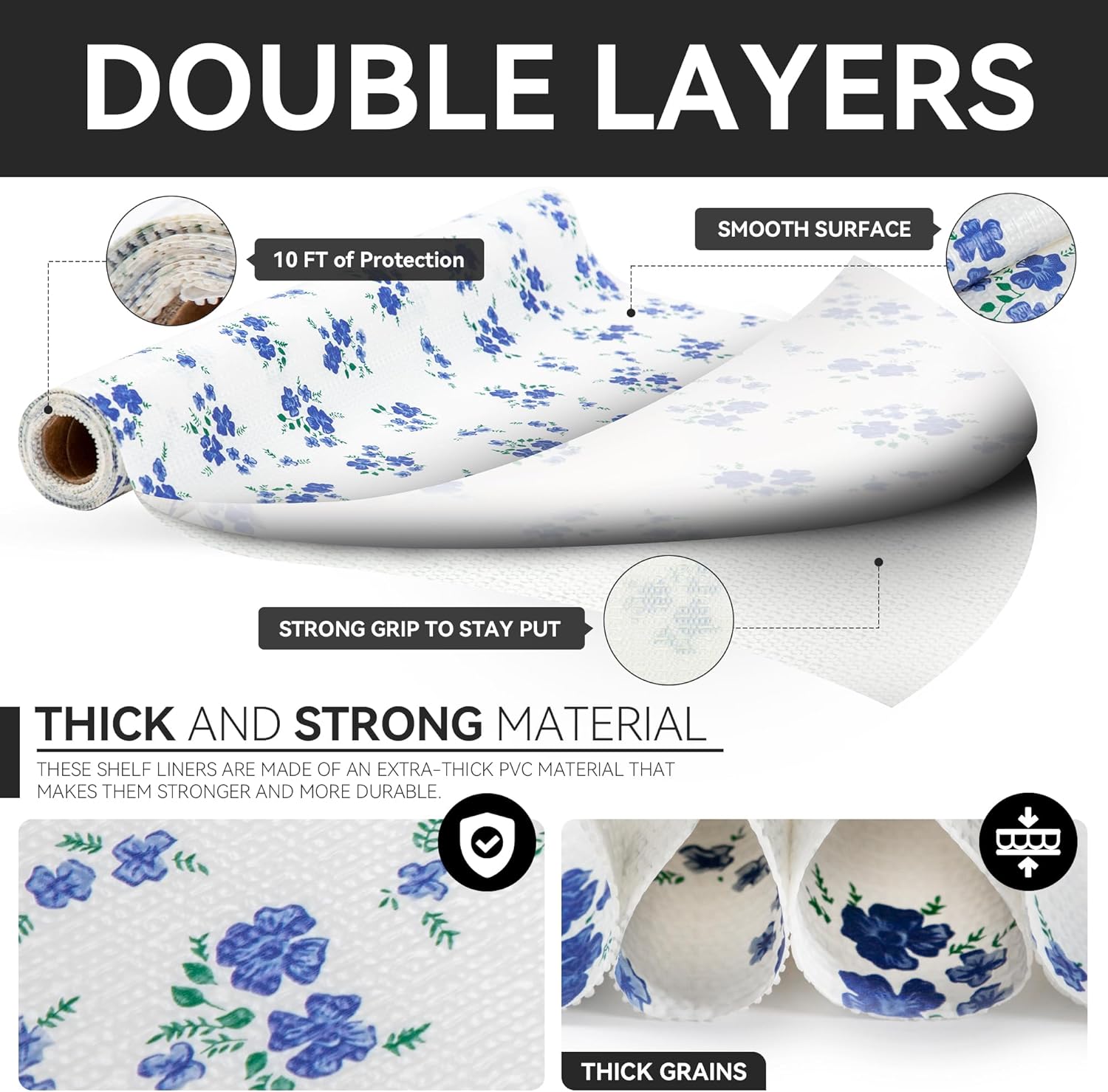 RAY STAR PVC Blue Flora Design Grip Shelf Liner Non Adhesive, Strong Grip Bottom, Easy Clean Kitchen Drawer, Cabinet, Cupboard Dresser Protector Cover, Non Slip