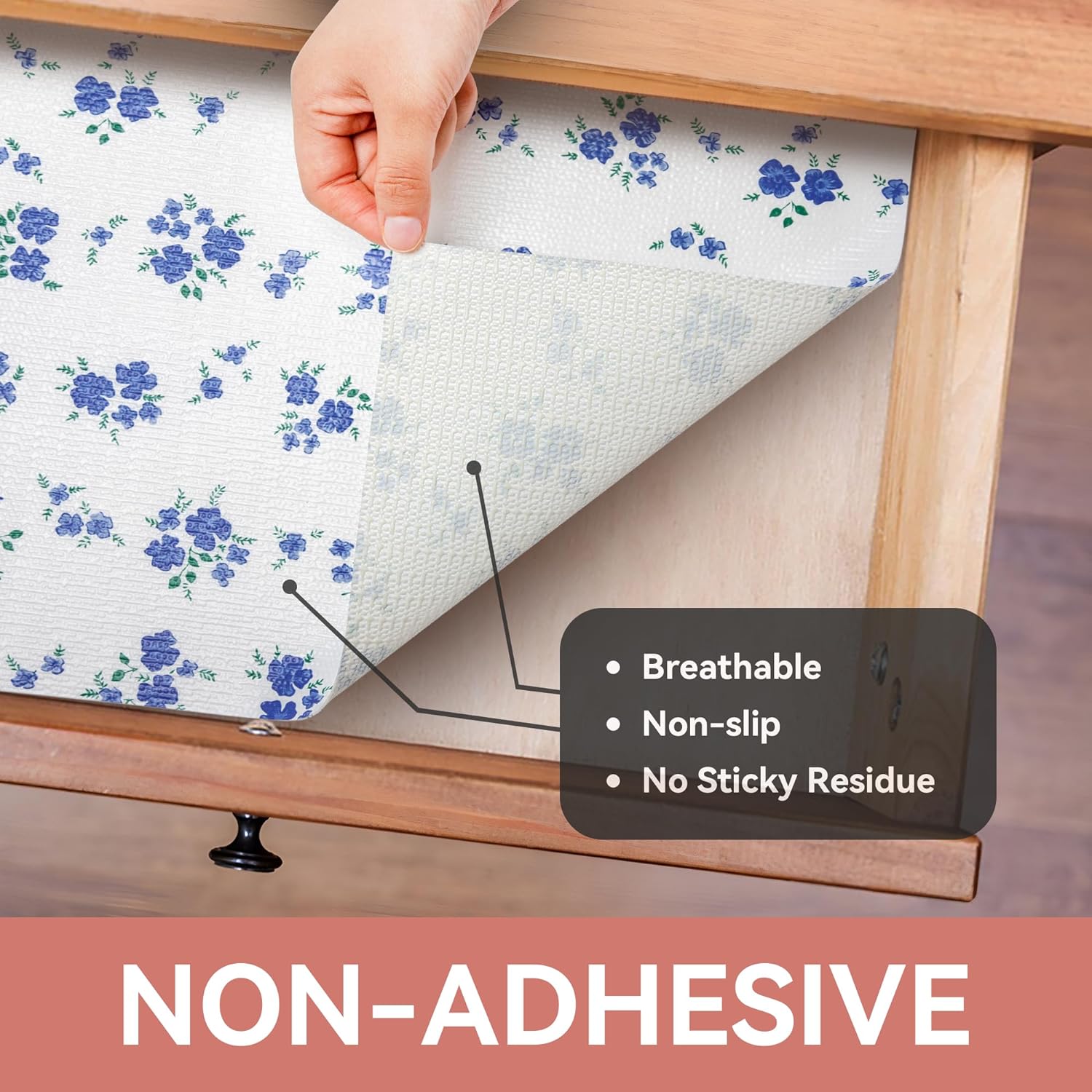 RAY STAR PVC Blue Flora Design Grip Shelf Liner Non Adhesive, Strong Grip Bottom, Easy Clean Kitchen Drawer, Cabinet, Cupboard Dresser Protector Cover, Non Slip
