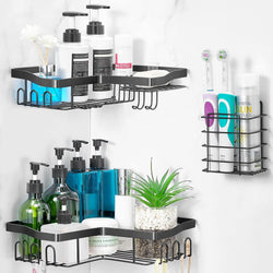 Corner Shower Caddy 3 Pack, 100% Stainless Steel Rustproof Bathroom Shower Organizer, Stable Shower Shelves With 11 Hooks, Adhesive Shower Rack, Shower Shelf (Matte Black)