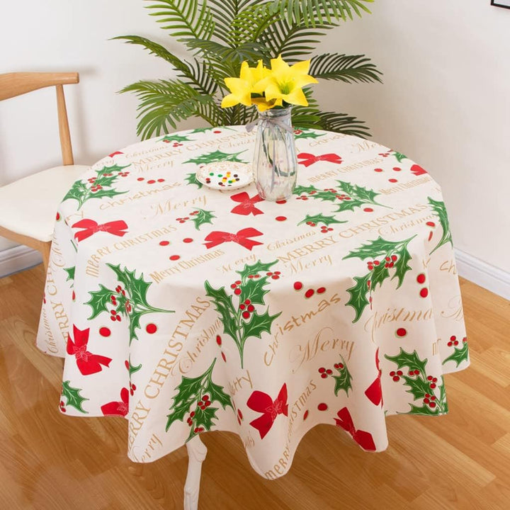 RAY STAR Christmas White Red Wreaths Tablecloth With Flannel Backing Round and Rectangle