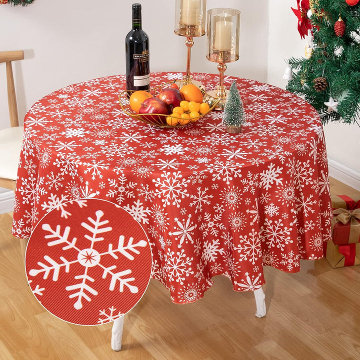 RAY STAR Christmas Snowflake Red Tablecloth With Flannel Backing Round and Rectangle