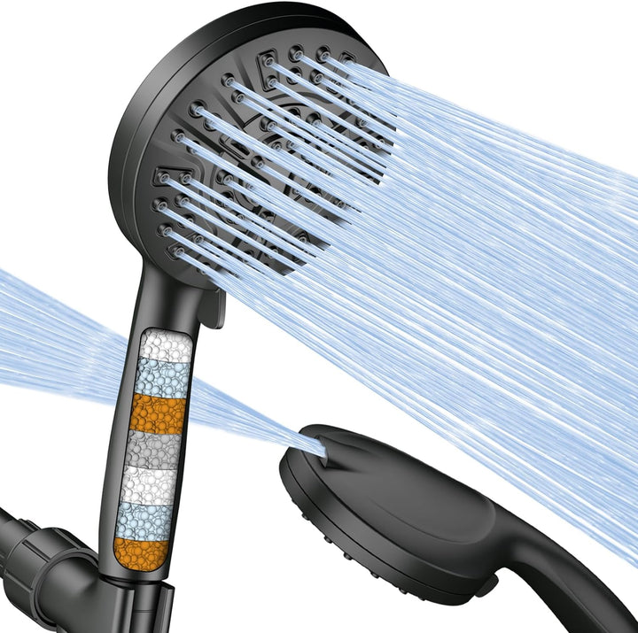 Filtered Shower Head With Sprayer, Large Size High Pressure Shower Heads With Anti-Clog Nozzles, 10-Mode Shower Nozzle With Stainless Steel Hose And Wall Brackets (Matte Black)