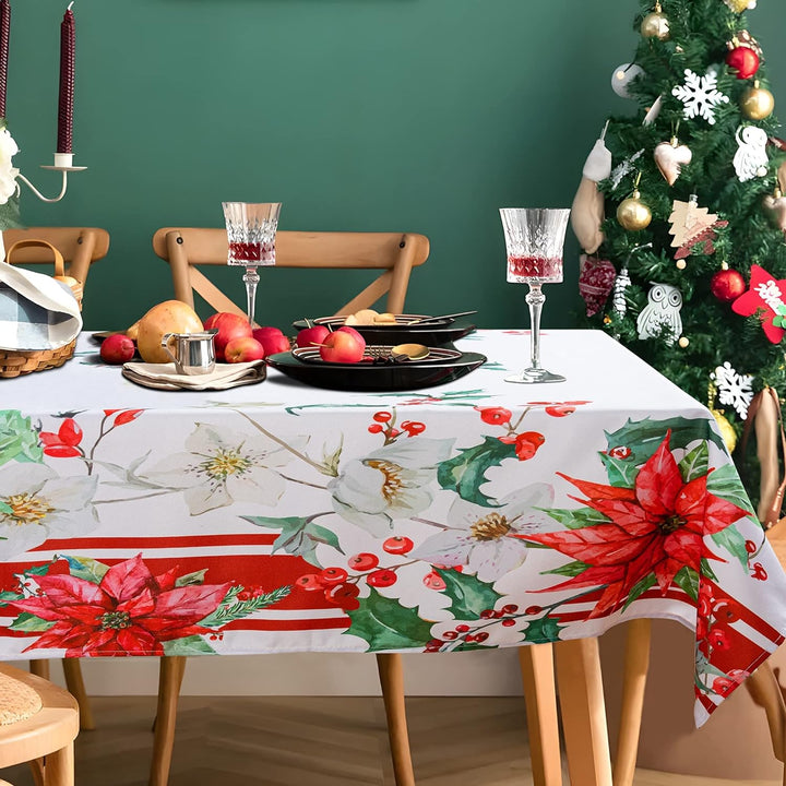 RAY STAR Christmas Red and Green Santa Flora Tablecloth With Flannel Backing Round and Rectangle
