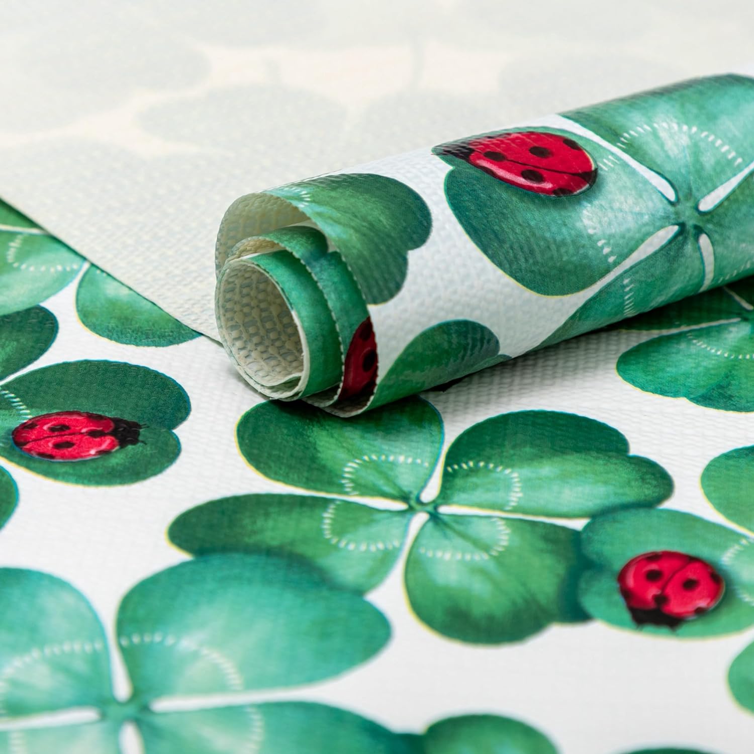 RAY STAR PVC Four Leaf Clover Design Grip Shelf Liner Non Adhesive, Strong Grip Bottom, Easy Clean Kitchen Drawer, Cabinet, Cupboard Dresser Protector Cover（Green ladybug）