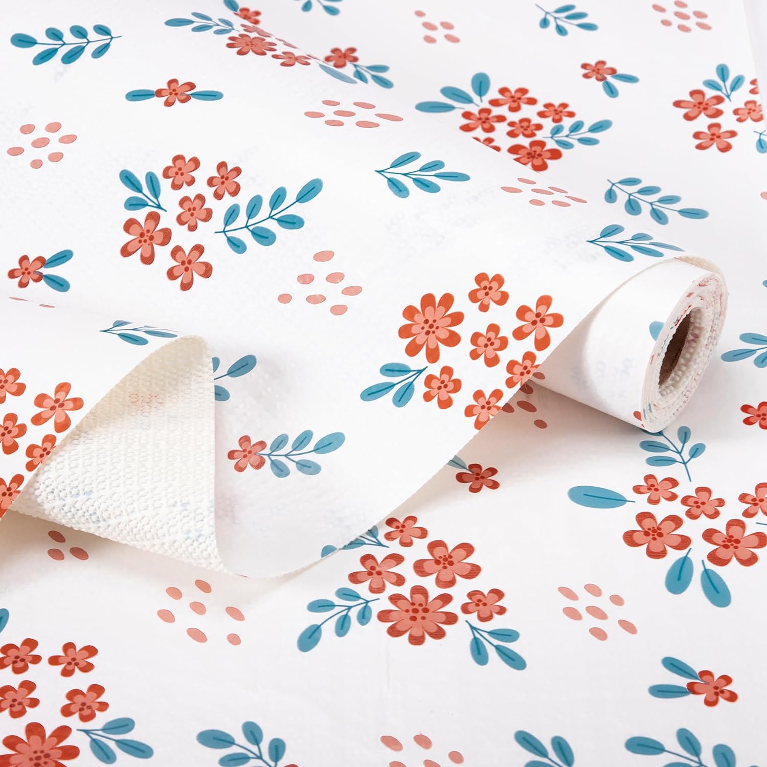 RAY STAR Red Hyacinthus Blue Leaves Design Grip Shelf Liner Non Adhesive, Strong Grip Bottom, Easy Clean Kitchen Drawer, Cabinet, Cupboard Dresser Protector Cover, Non Slip Mat