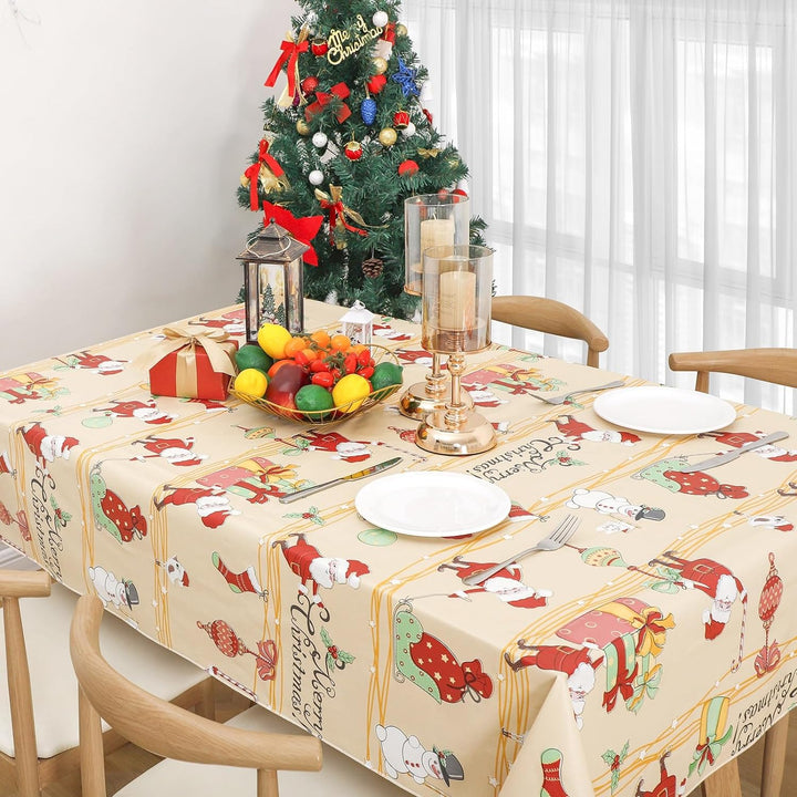 RAY STAR Christmas Santa and Snowman Ivory Tablecloth With Flannel Backing Round and Rectangle