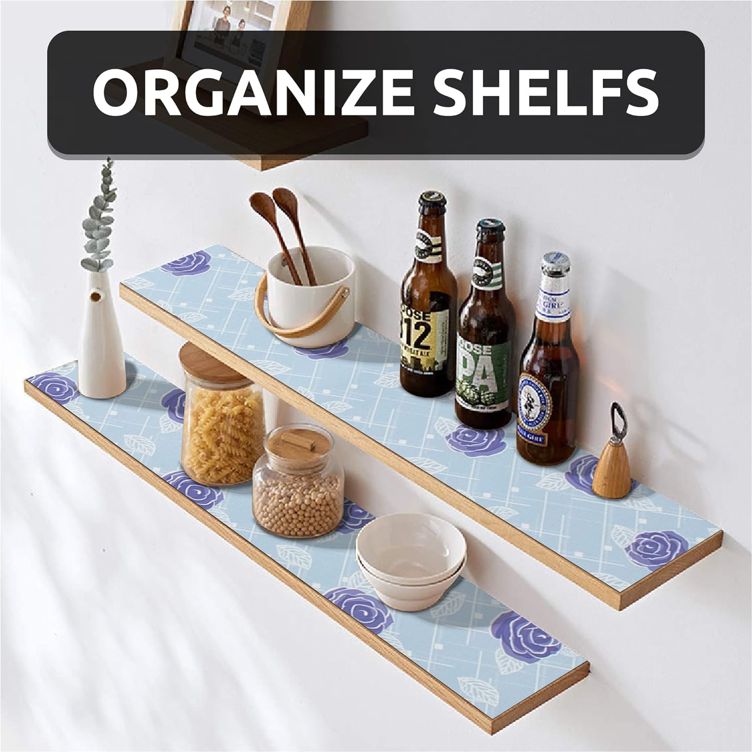 RAY STAR Shelf Liner for Kitchen Cabinets, Drawer Liner for Dresser Non-Slip Bathroom, Non-Adhesive Cabinet Liner Washable (Blue Rose)
