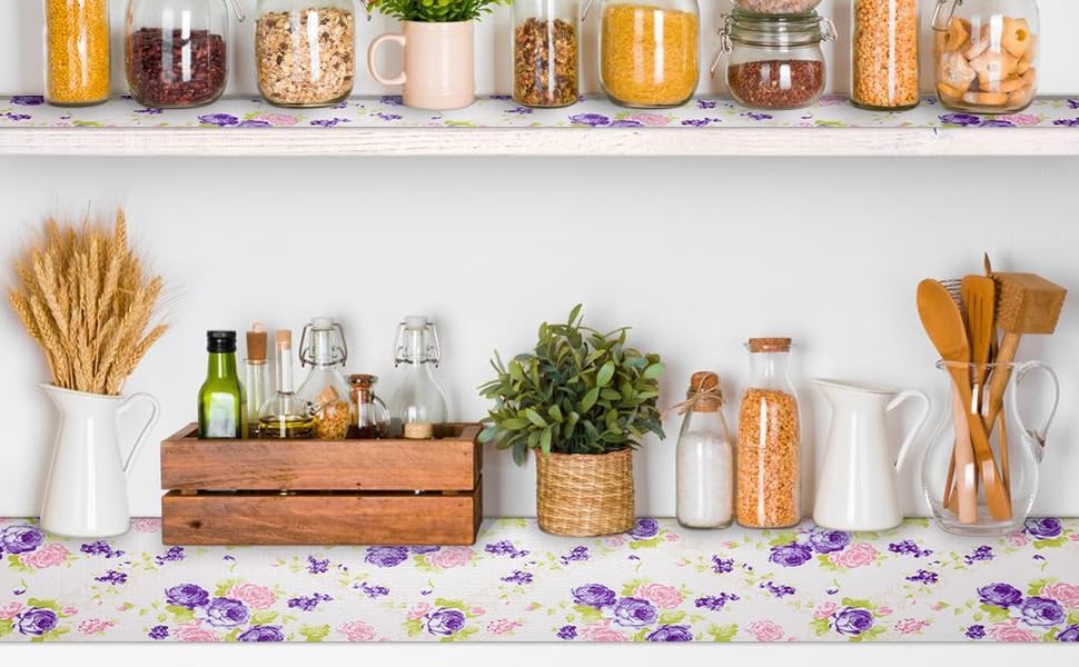 RAY STAR PVC Purple Rose Design Grip Shelf Liner Non Adhesive, Strong Grip Bottom, Easy Clean Kitchen Drawer, Cabinet, Cupboard Dresser Protector Cover, Non Slip Mat