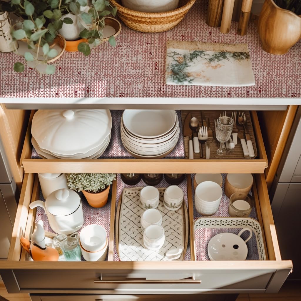 RAY STAR Red Design Grip Shelf Liner Non Adhesive, Strong Grip Bottom, Easy Clean Kitchen Drawer, Cabinet, Cupboard Dresser Protector Cover, Non Slip Mat