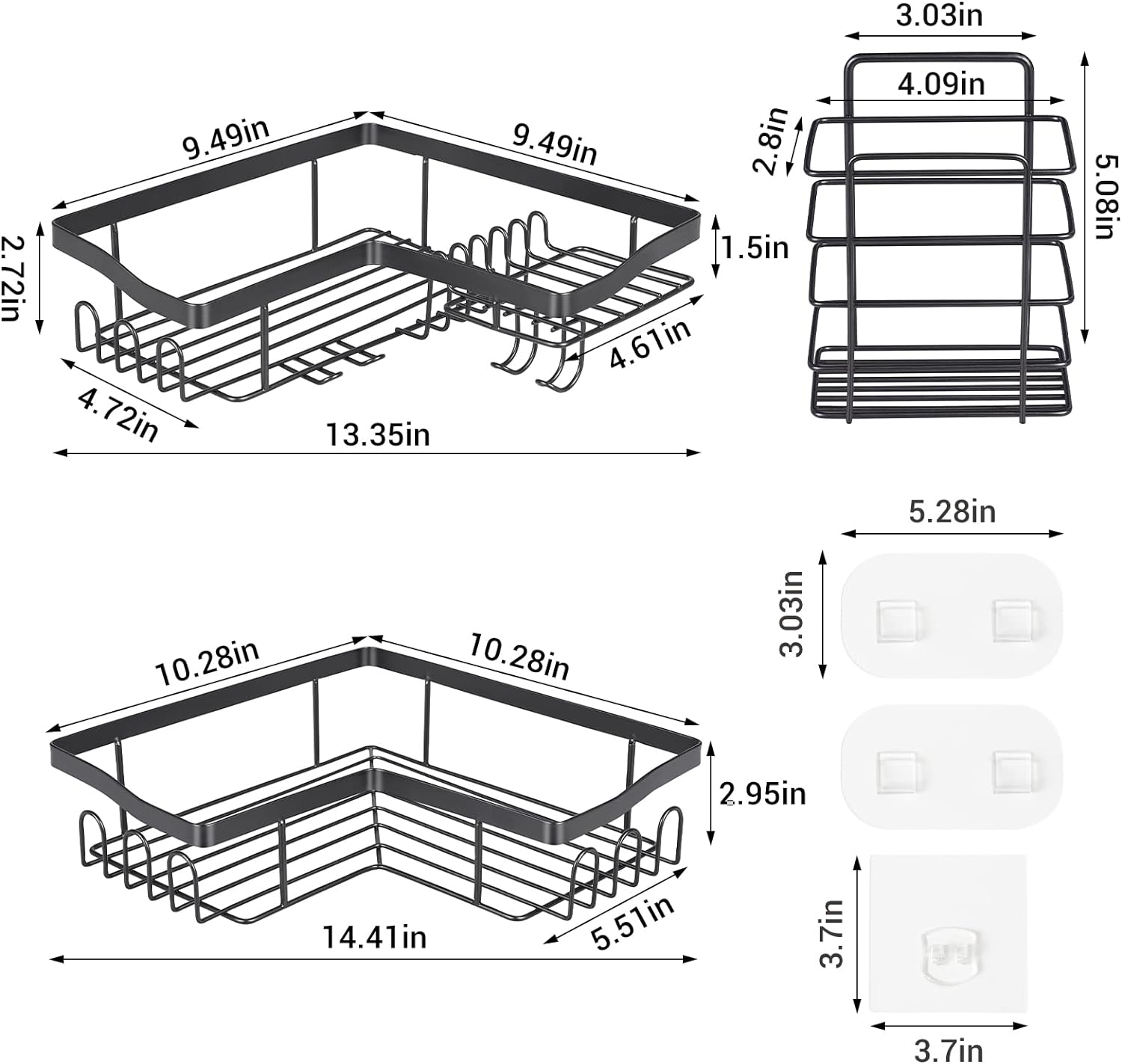 Corner Shower Caddy 3 Pack, 100% Stainless Steel Rustproof Bathroom Shower Organizer, Stable Shower Shelves With 11 Hooks, Adhesive Shower Rack, Shower Shelf (Matte Black)