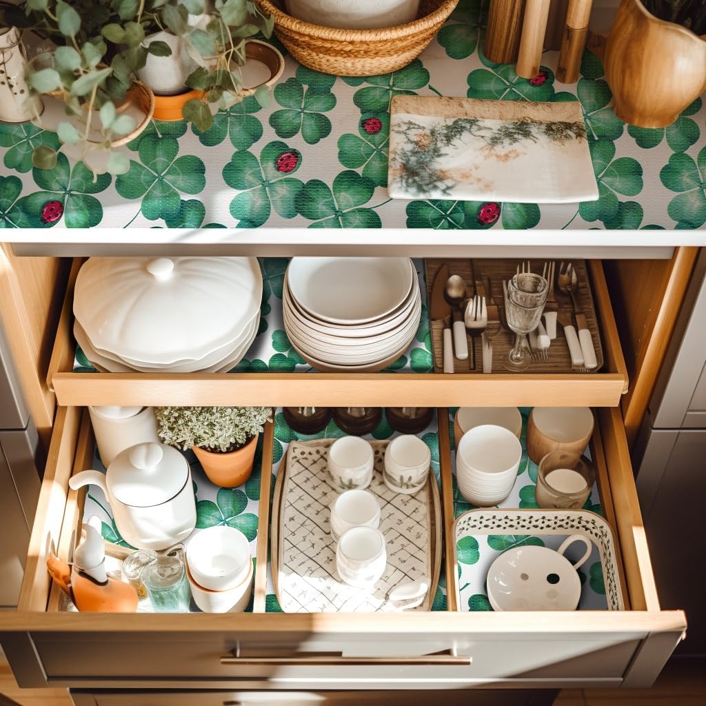 RAY STAR PVC Four Leaf Clover Design Grip Shelf Liner Non Adhesive, Strong Grip Bottom, Easy Clean Kitchen Drawer, Cabinet, Cupboard Dresser Protector Cover（Green ladybug）