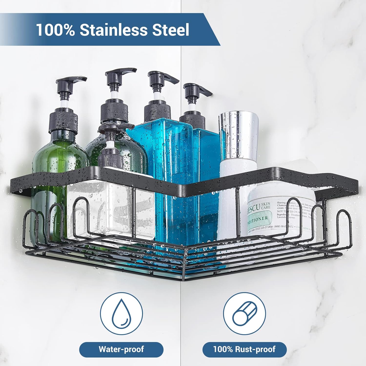 Corner Shower Caddy 3 Pack, 100% Stainless Steel Rustproof Bathroom Shower Organizer, Stable Shower Shelves With 11 Hooks, Adhesive Shower Rack, Shower Shelf (Matte Black)