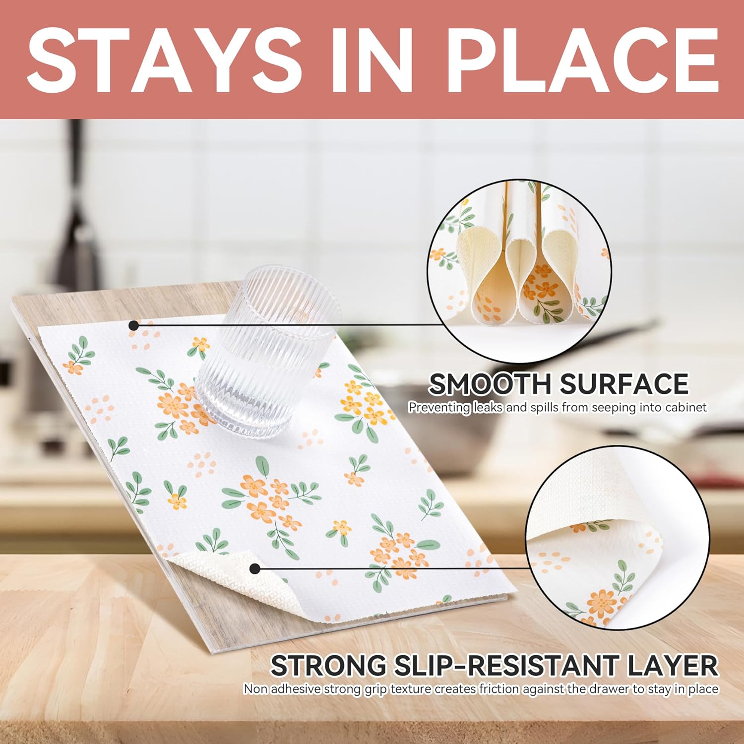 RAY STAR Yellow Hyacinthus Design Grip Shelf Liner Non Adhesive, Strong Grip Bottom, Easy Clean Kitchen Drawer, Cabinet, Cupboard Dresser Protector Cover, Non Slip Mat
