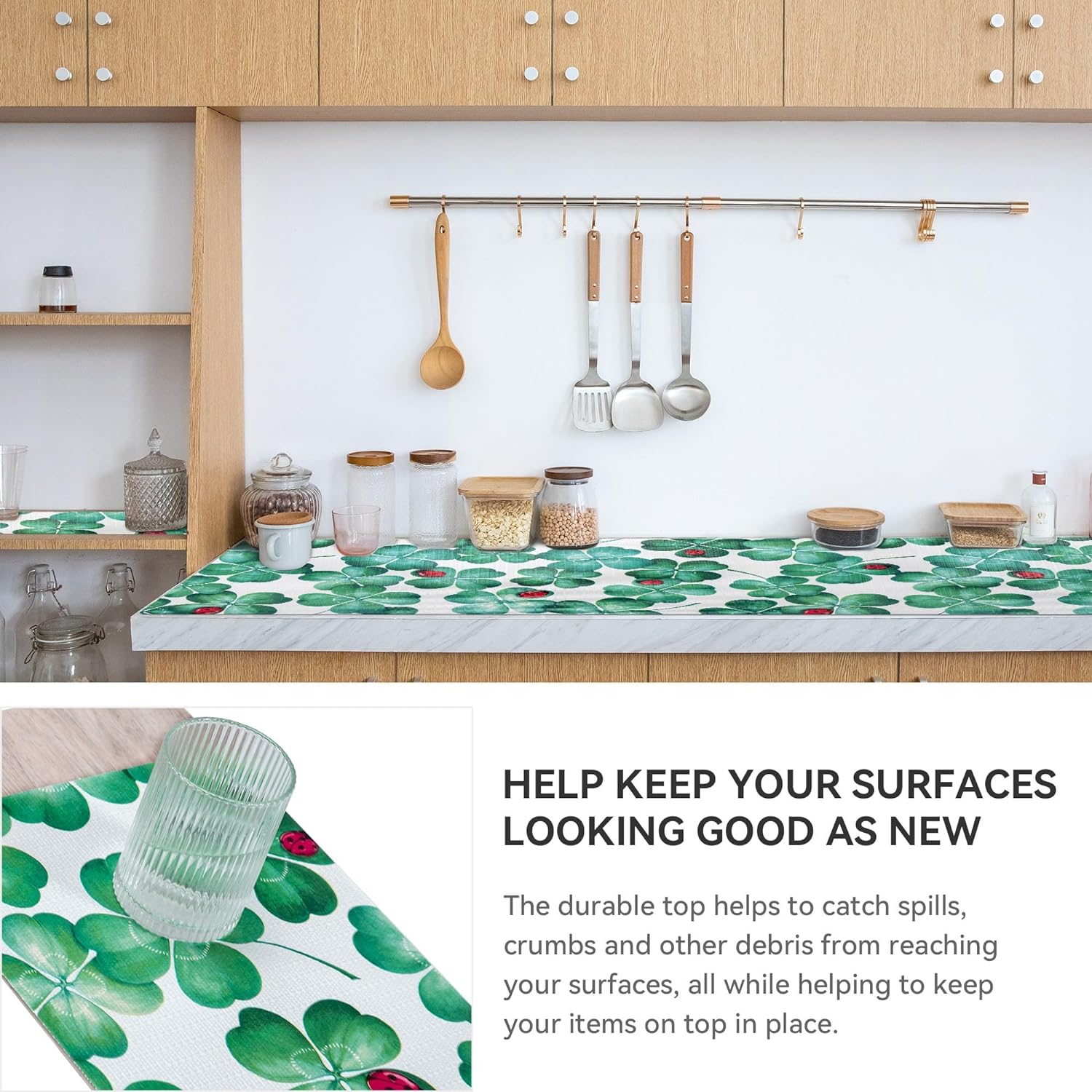 RAY STAR PVC Four Leaf Clover Design Grip Shelf Liner Non Adhesive, Strong Grip Bottom, Easy Clean Kitchen Drawer, Cabinet, Cupboard Dresser Protector Cover（Green ladybug）