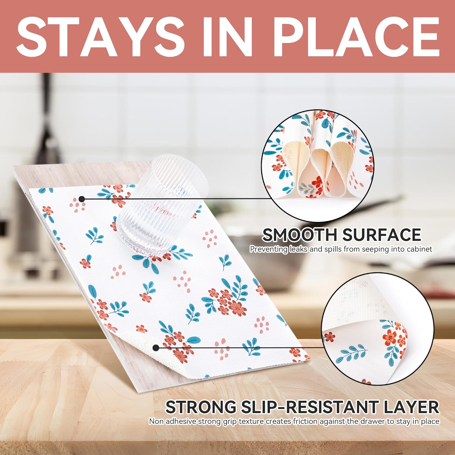 RAY STAR Red Hyacinthus Blue Leaves Design Grip Shelf Liner Non Adhesive, Strong Grip Bottom, Easy Clean Kitchen Drawer, Cabinet, Cupboard Dresser Protector Cover, Non Slip Mat