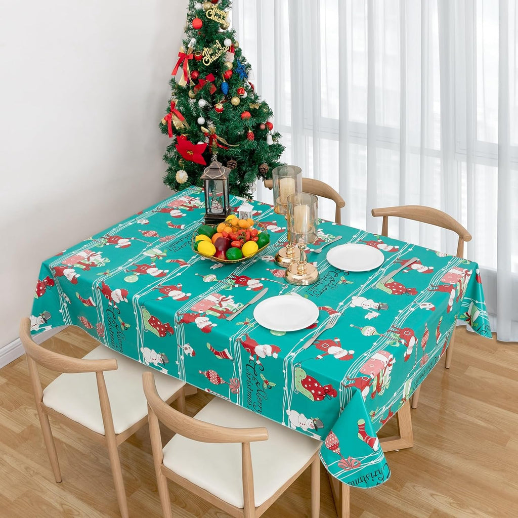 RAY STAR Christmas Santa and Snowman Green Tablecloth With Flannel Backing Round and Rectangle