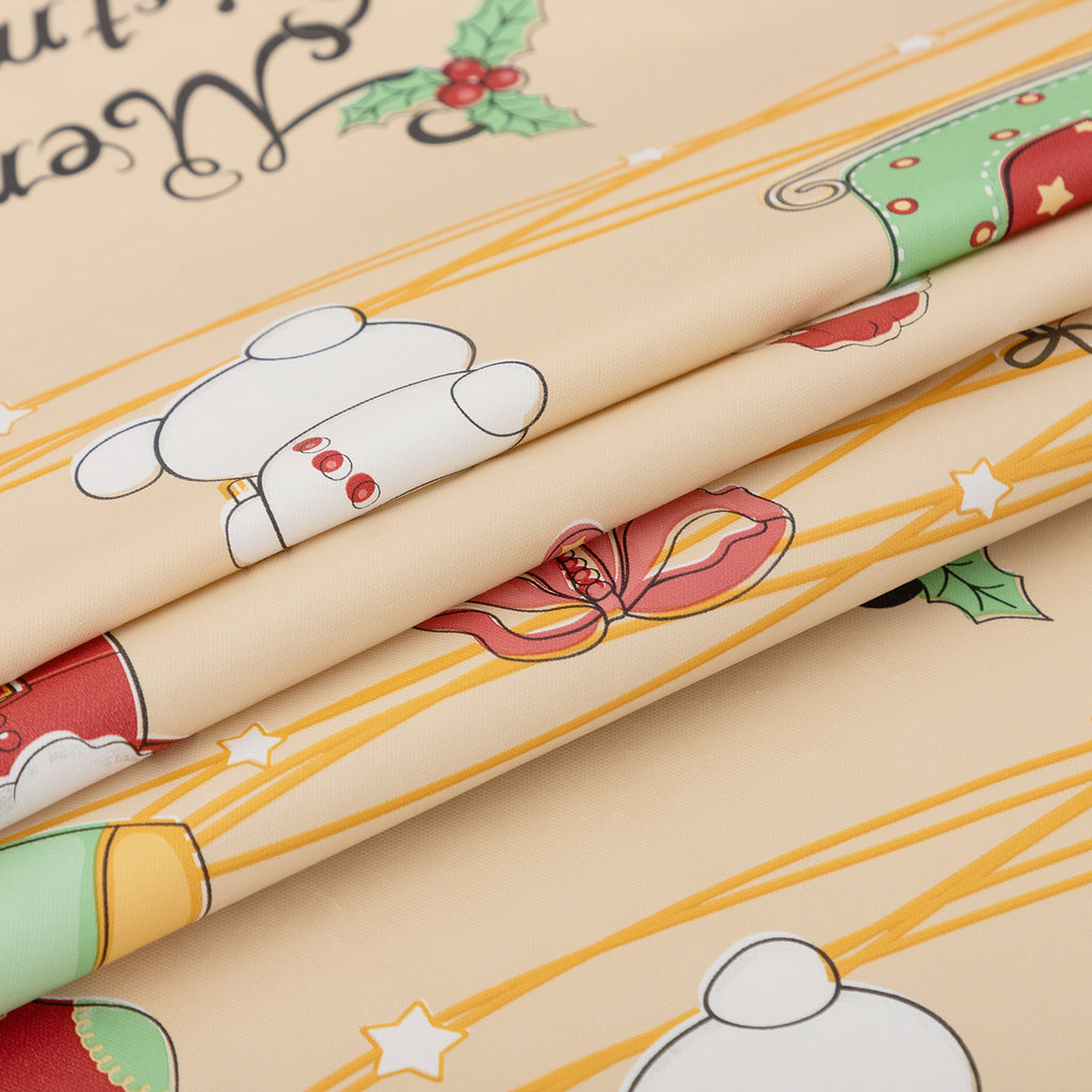 Christmas Tablecloth Santa Claus Vinyl Surface with Flannel Backing Oilcloth Waterproof holiday (Beige type)