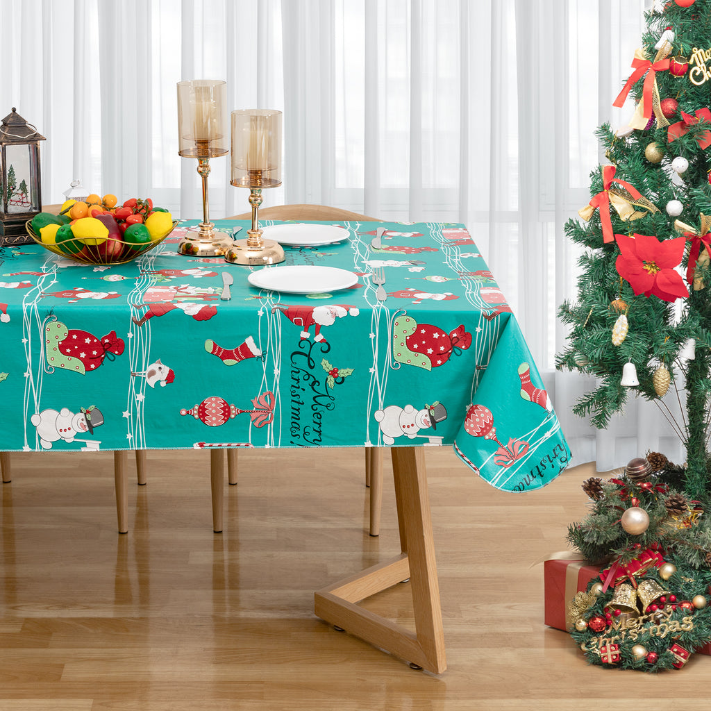 Christmas Tablecloth Santa Claus Gifts Vinyl Surface with Flannel Backing Oilcloth Waterproof holiday (Green type)