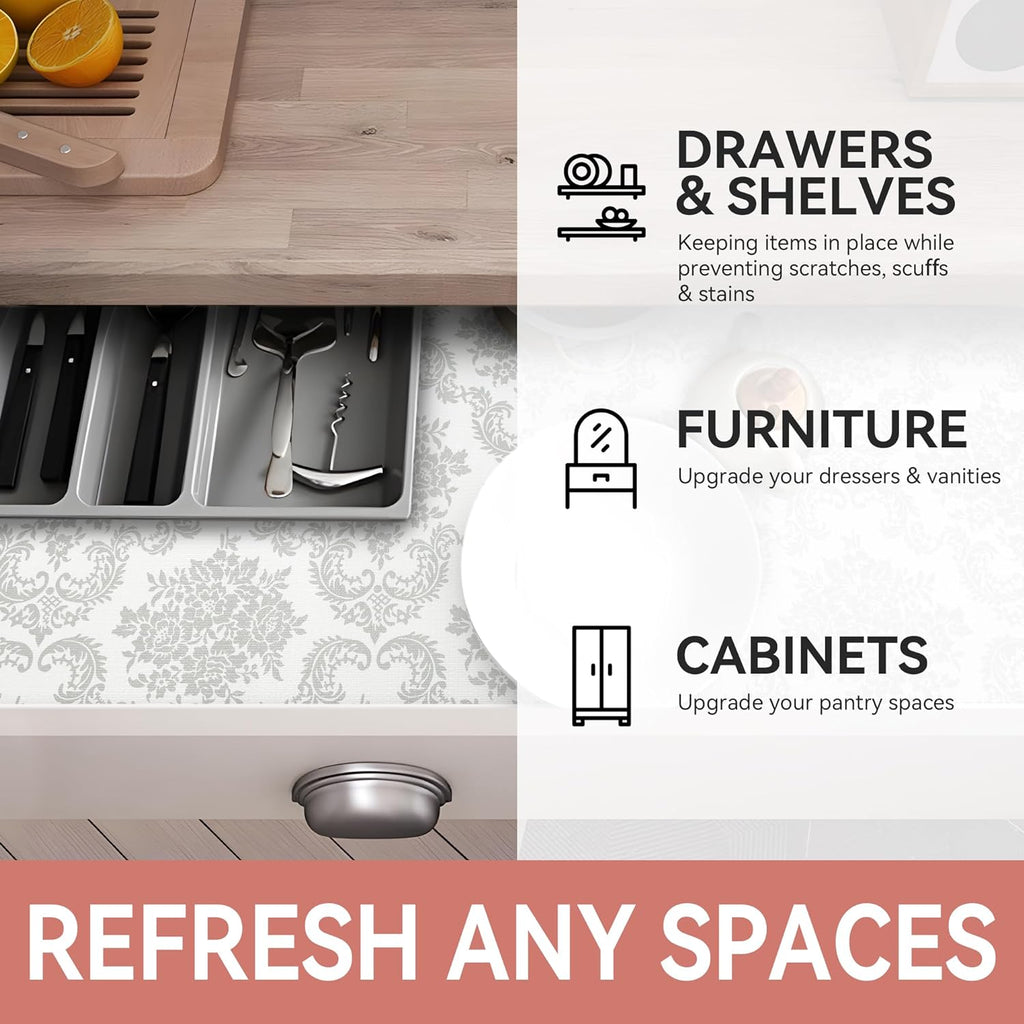 RAY STAR Boutique Silver gray Flora Design Grip Shelf Liner Non Adhesive, Strong Grip Bottom, Easy Clean Kitchen Drawer, Cabinet, Cupboard Dresser Protector Cover, Non Slip Mat