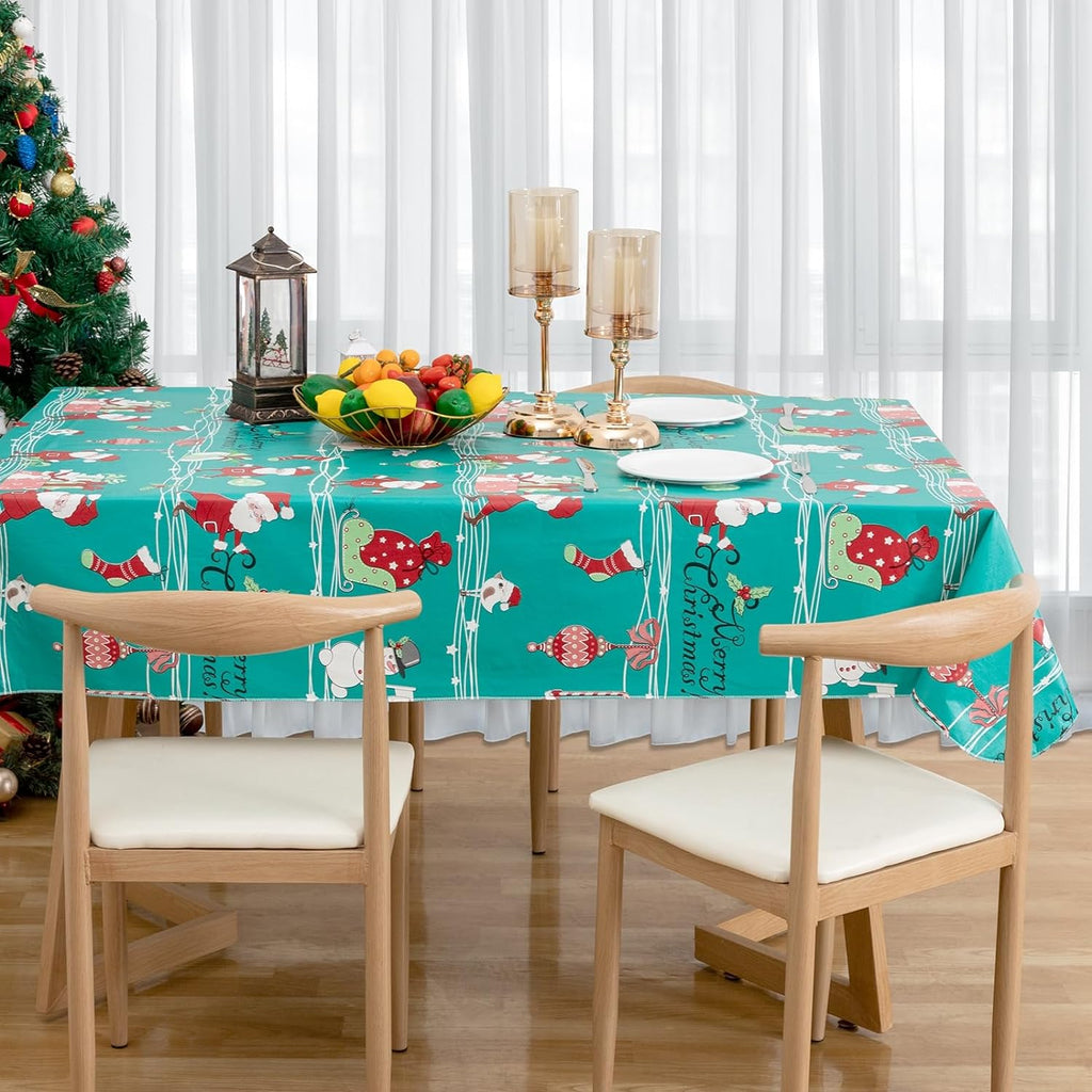 RAY STAR Christmas Santa and Snowman Green Tablecloth With Flannel Backing Round and Rectangle