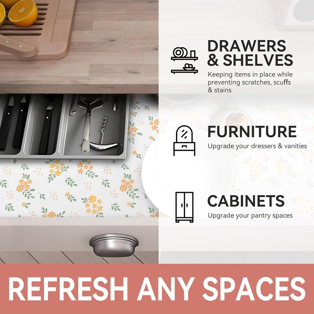 RAY STAR Yellow Hyacinthus Design Grip Shelf Liner Non Adhesive, Strong Grip Bottom, Easy Clean Kitchen Drawer, Cabinet, Cupboard Dresser Protector Cover, Non Slip Mat