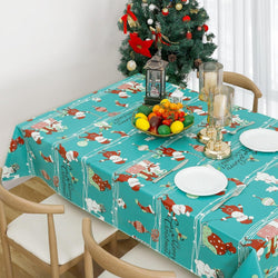 RAY STAR Christmas Santa and Snowman Green Tablecloth With Flannel Backing Round and Rectangle