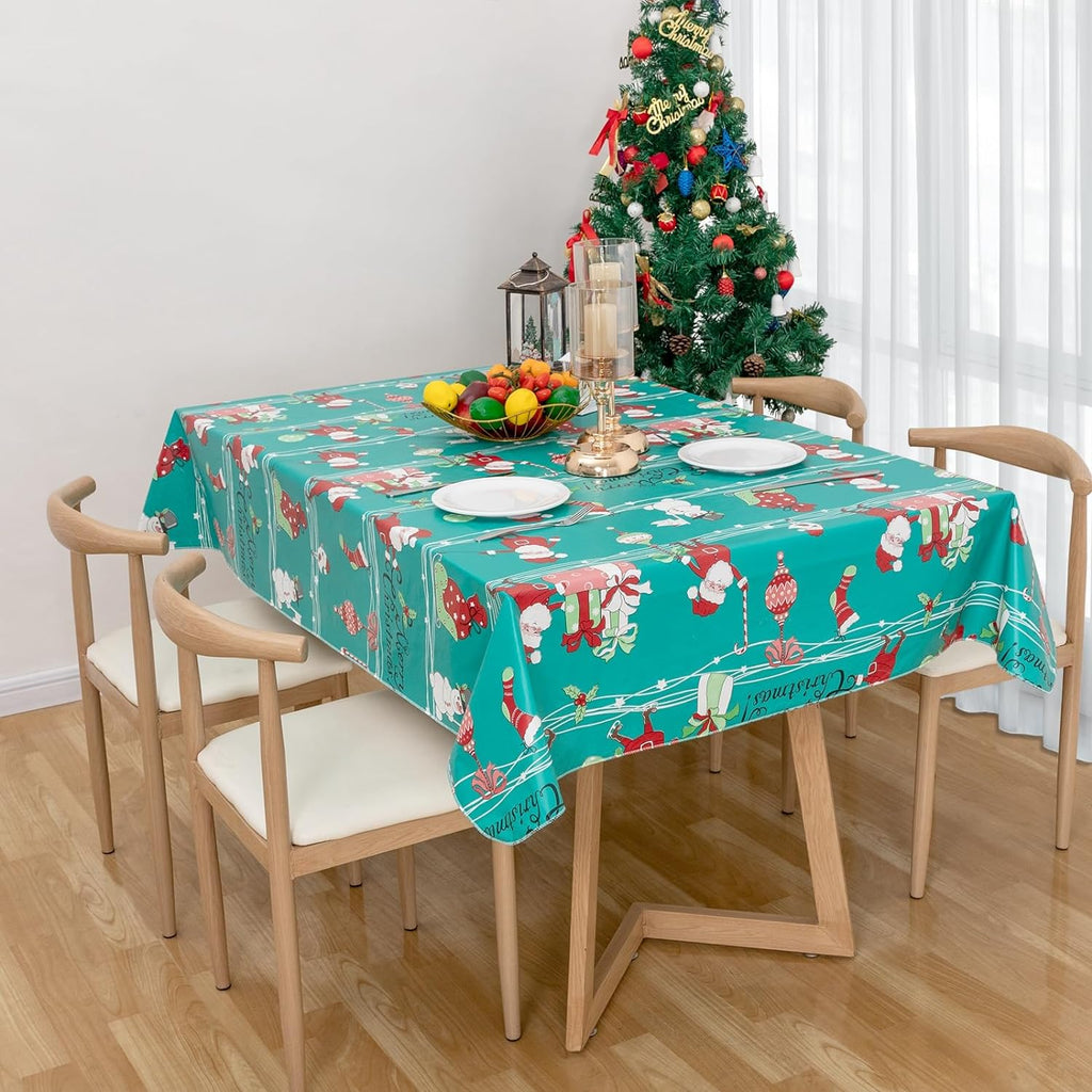 RAY STAR Christmas Santa and Snowman Green Tablecloth With Flannel Backing Round and Rectangle