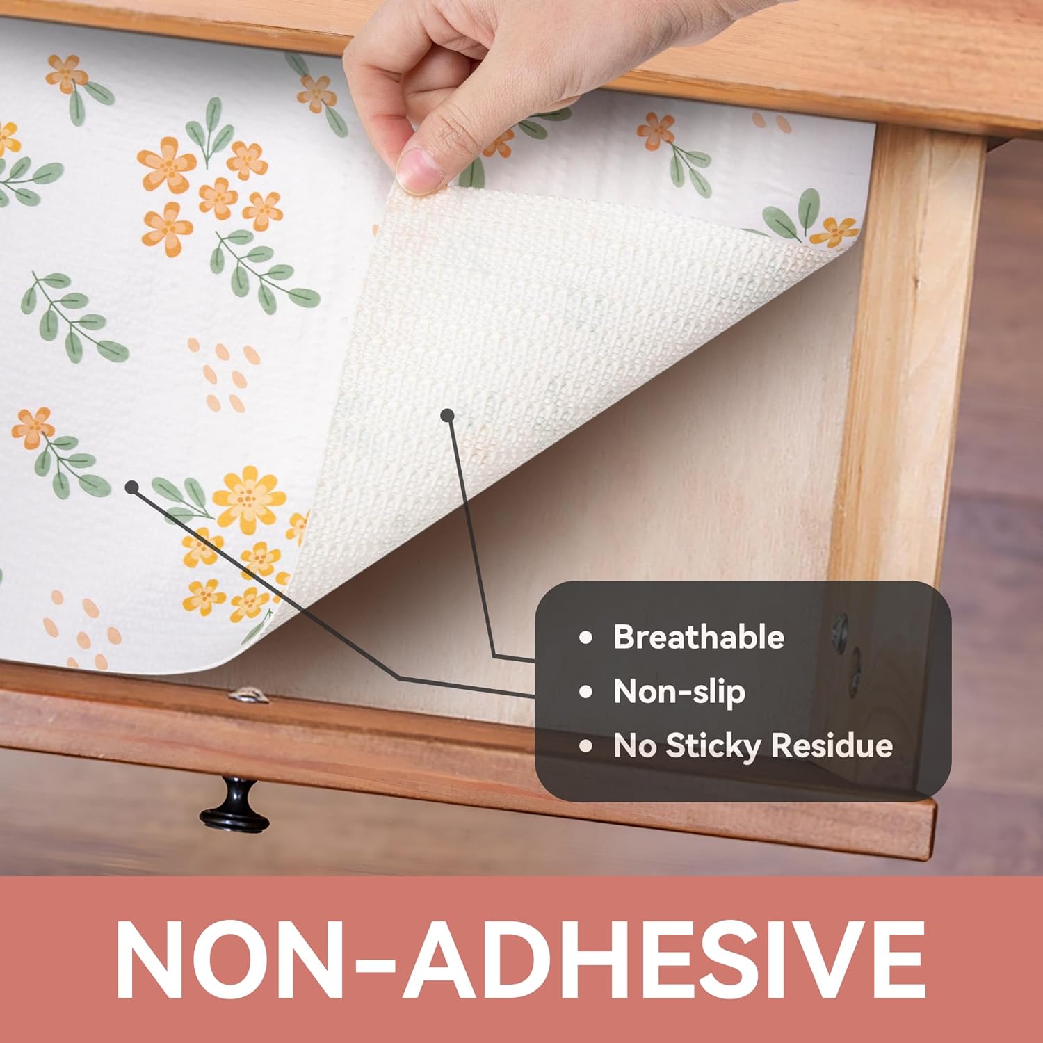 RAY STAR Yellow Hyacinthus Design Grip Shelf Liner Non Adhesive, Strong Grip Bottom, Easy Clean Kitchen Drawer, Cabinet, Cupboard Dresser Protector Cover, Non Slip Mat