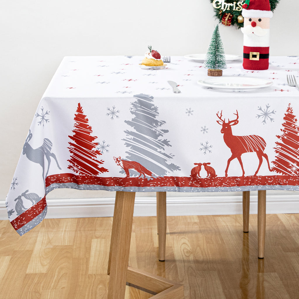 Christmas Deer snowy Tablecloth polyester surface with Flannel Backing Oilcloth Waterproof holiday floral plastic tablecloth