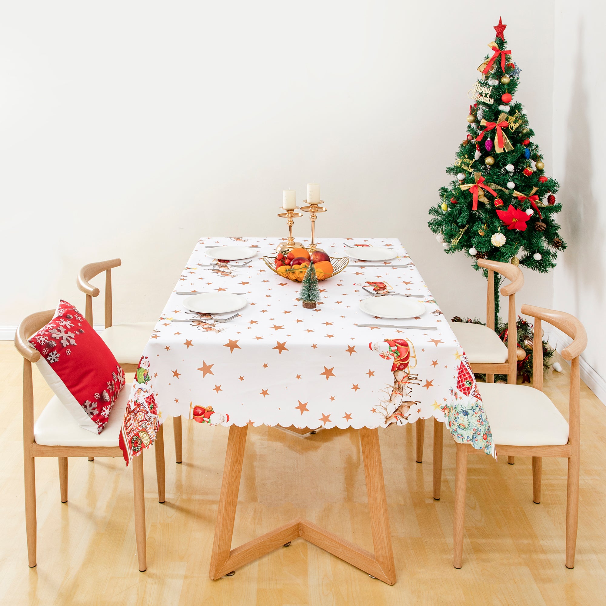 Christmas Vibrant beautiful flowers Tablecloth Vinyl Surface with Flannel Backing Oilcloth Waterproof Table Cover