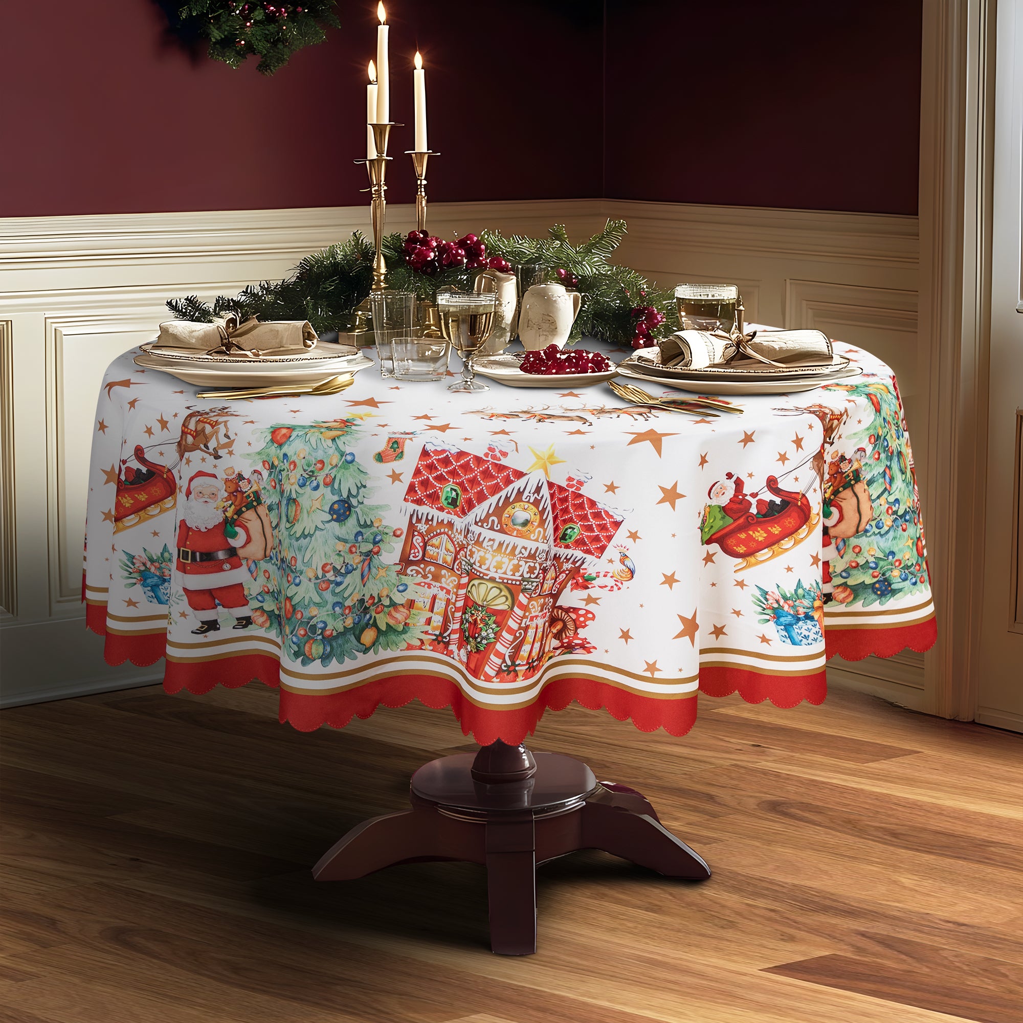 Christmas Vibrant beautiful flowers Tablecloth Vinyl Surface with Flannel Backing Oilcloth Waterproof Table Cover
