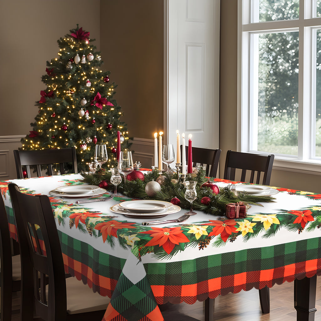Christmas Vibrant beautiful flowers and plants Tablecloth Vinyl Surface with Flannel Backing Oilcloth Waterproof Table Cover