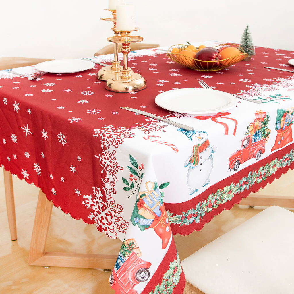 Christmas Vibrant beautiful Red Joy Tablecloth Vinyl Surface with Flannel Backing Oilcloth Waterproof Table Cover