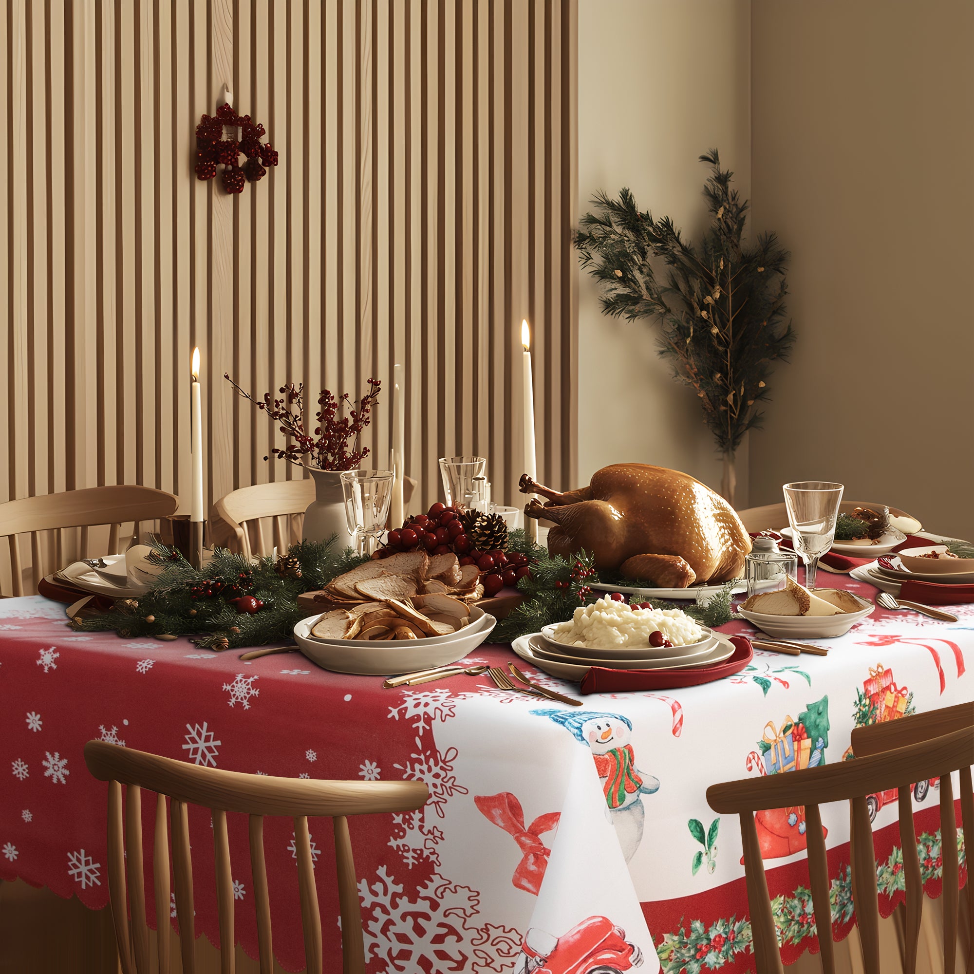 Christmas Vibrant beautiful Red Joy Tablecloth Vinyl Surface with Flannel Backing Oilcloth Waterproof Table Cover