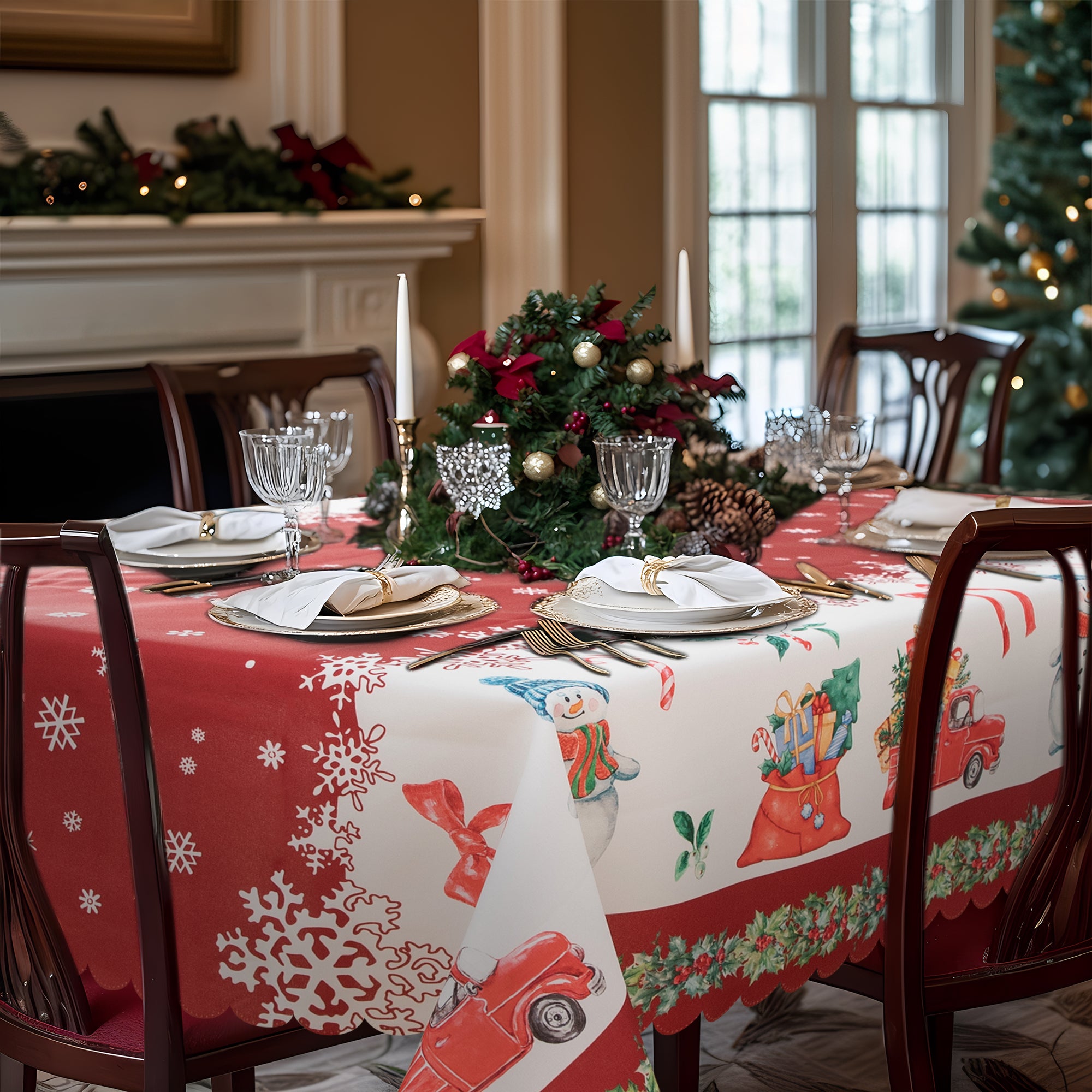 Christmas Vibrant beautiful Red Joy Tablecloth Vinyl Surface with Flannel Backing Oilcloth Waterproof Table Cover