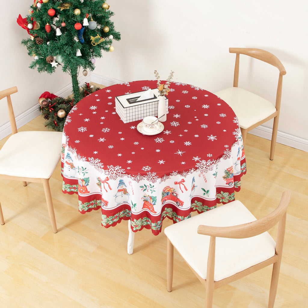 Christmas Vibrant beautiful Red Joy Tablecloth Vinyl Surface with Flannel Backing Oilcloth Waterproof Table Cover
