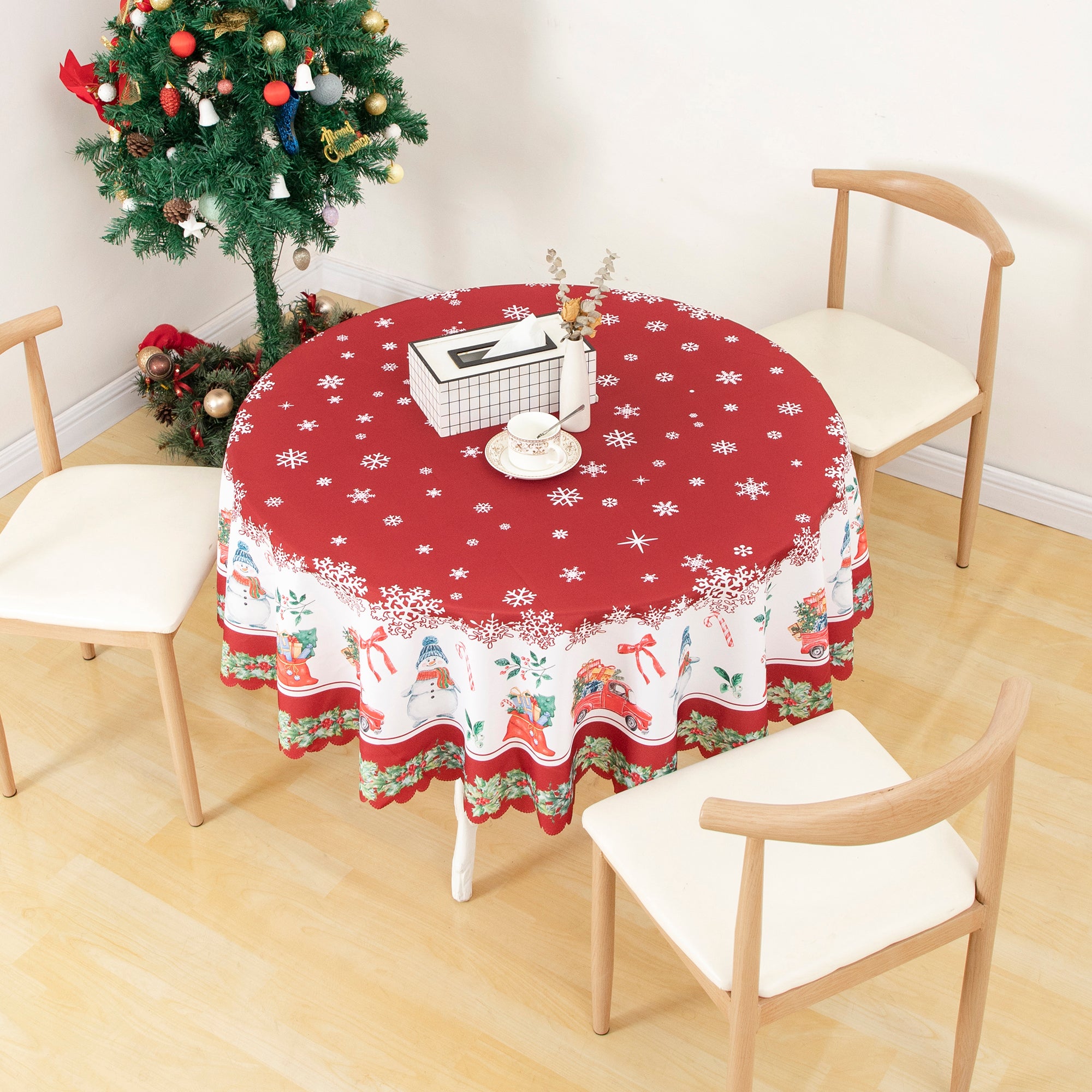 Christmas Vibrant beautiful Red Joy Tablecloth Vinyl Surface with Flannel Backing Oilcloth Waterproof Table Cover
