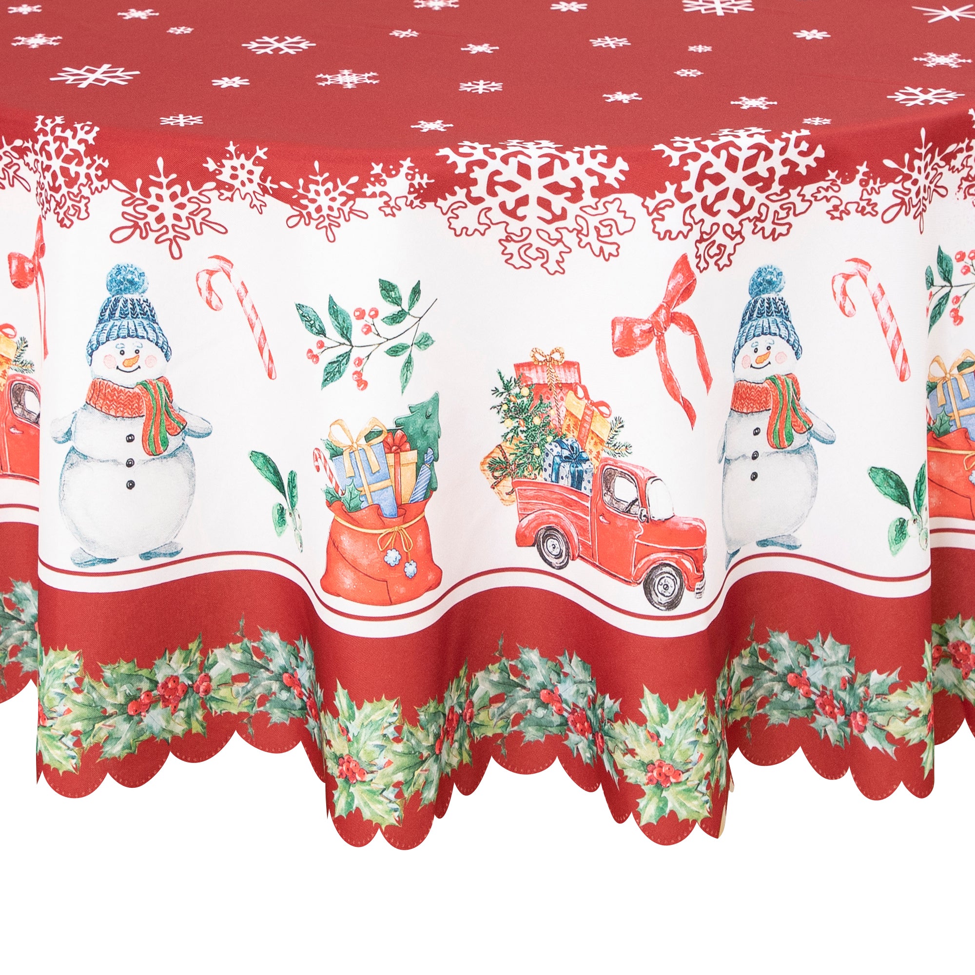 Christmas Vibrant beautiful Red Joy Tablecloth Vinyl Surface with Flannel Backing Oilcloth Waterproof Table Cover