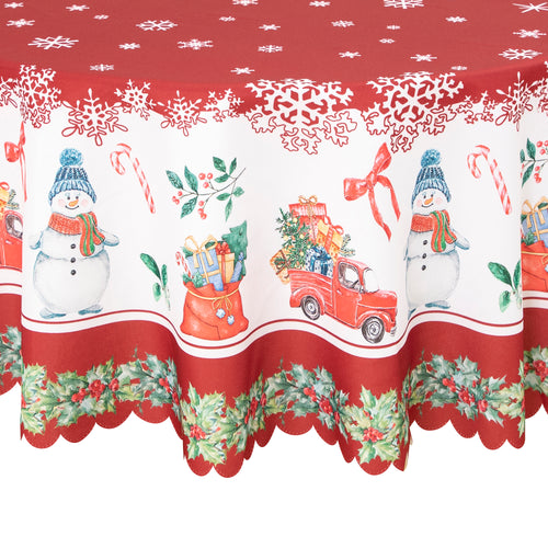 Christmas Vibrant beautiful Red Joy Tablecloth Vinyl Surface with Flannel Backing Oilcloth Waterproof Table Cover
