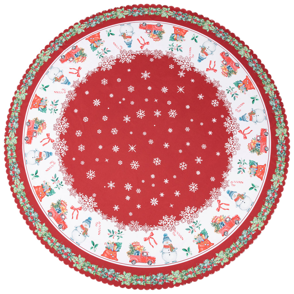 Christmas Vibrant beautiful Red Joy Tablecloth Vinyl Surface with Flannel Backing Oilcloth Waterproof Table Cover