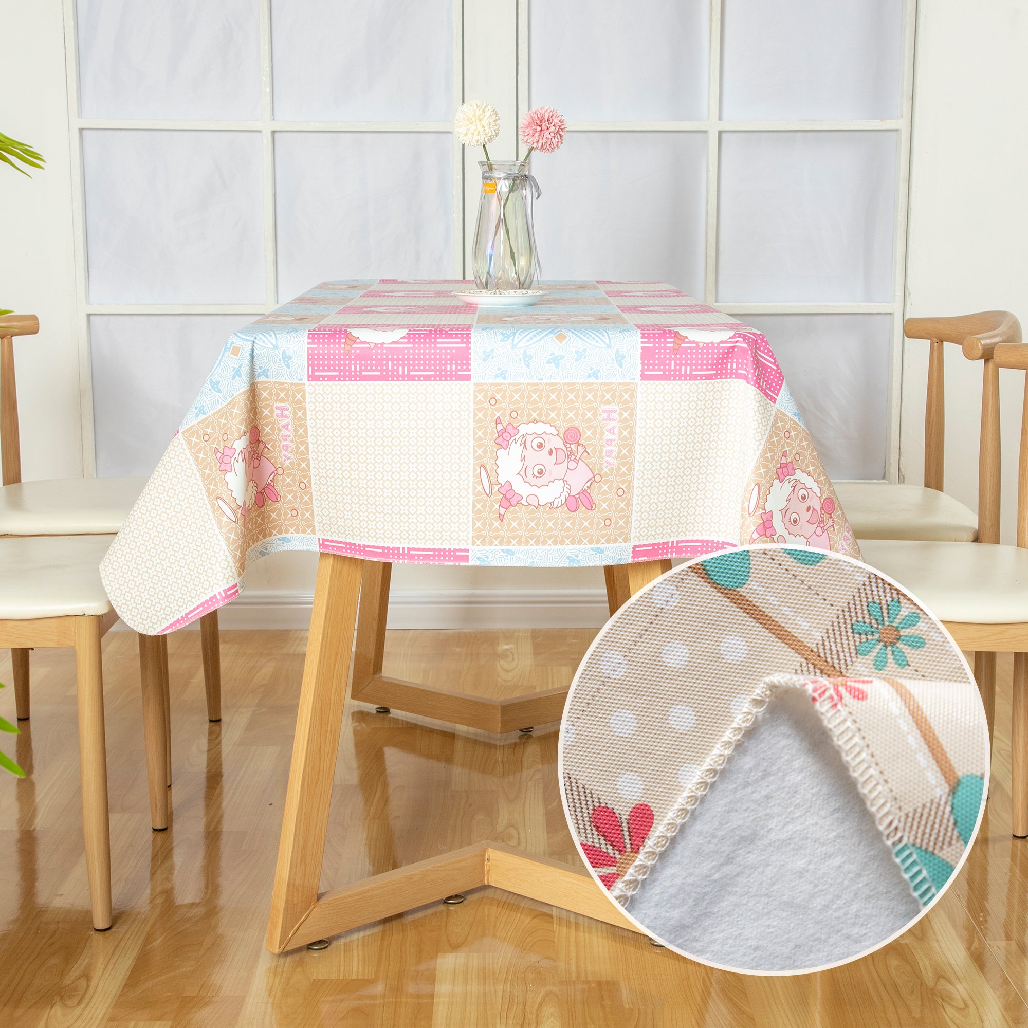 Classic Happy lamb Tablecloth Vinyl Surface with Flannel Backing Oilcloth Waterproof holiday